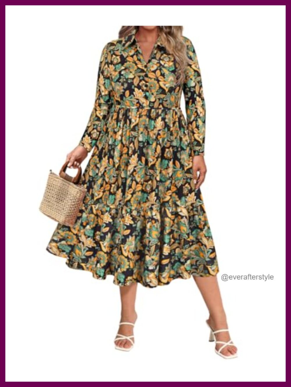 Plus Size Collared V-Neck Long Sleeve Midi Dress with Pockets